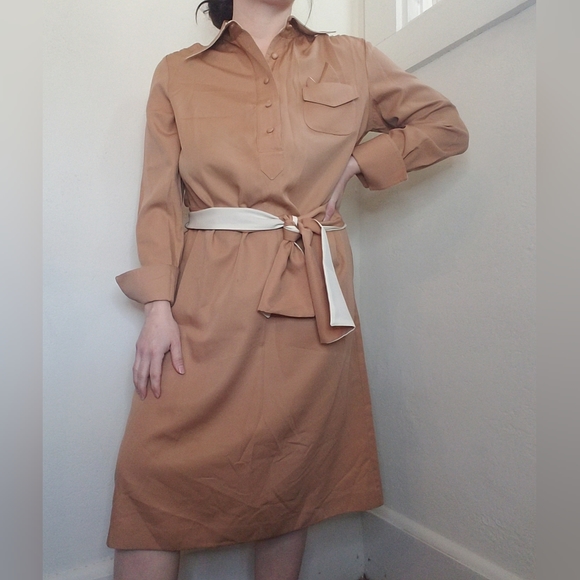 Vintage Dress Collared With Matching Kerchief And Belt/Bow Pink Mauve - Picture 2 of 16